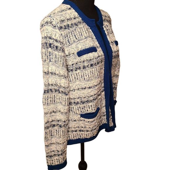 J McLaughlin Womens Knit Blue White Cotton Blend Cardigan Sweater Medium - Picture 3 of 11